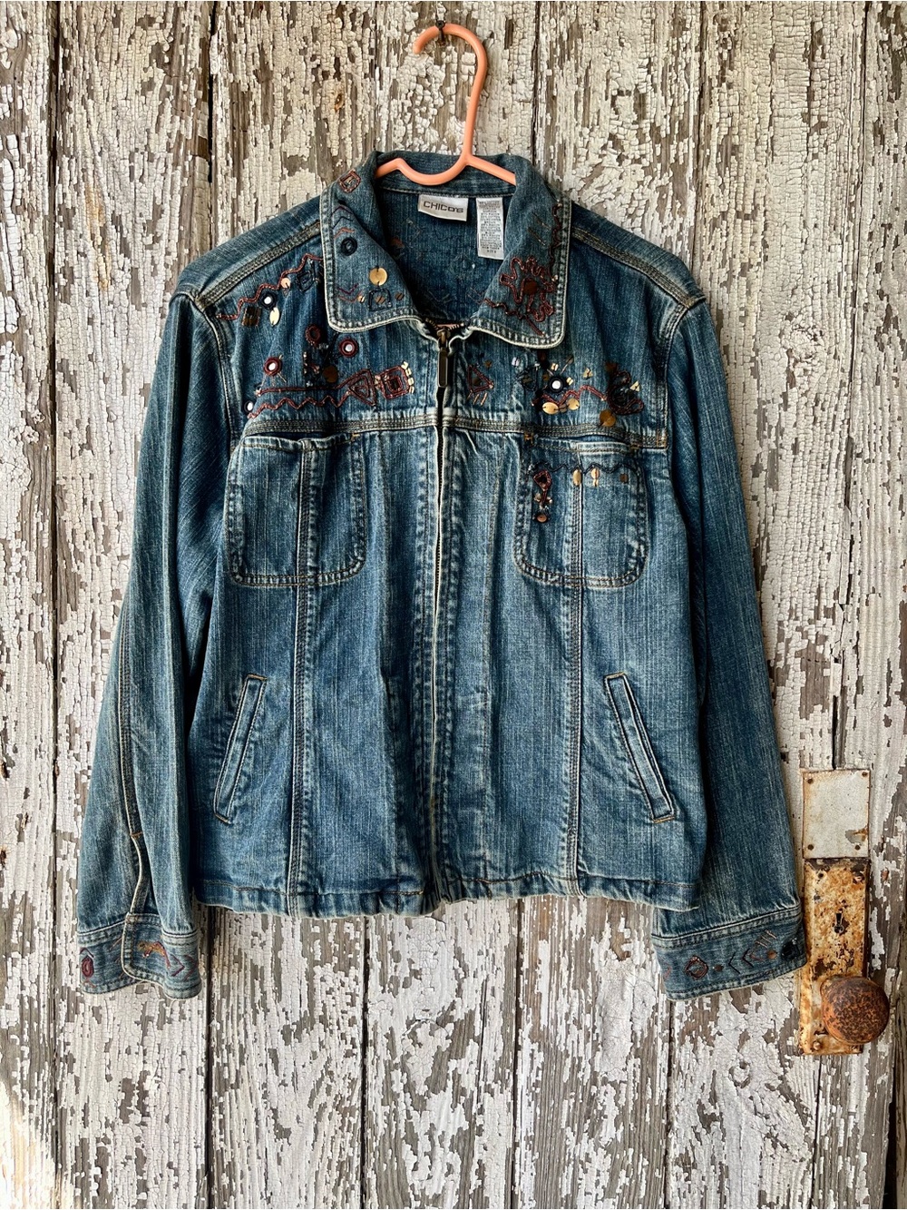 Chico's Embroidered Blue Denim Jacket with Beaded Accents